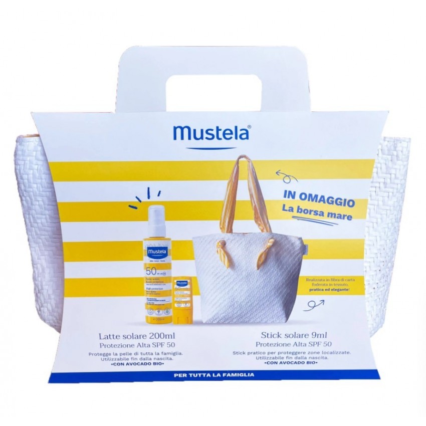 Mustela MUSTELA KIT SPRAY LATTE SOLARE SPF50 200ML + STICK SOLARE SPF50 9ML + BORSA MARE