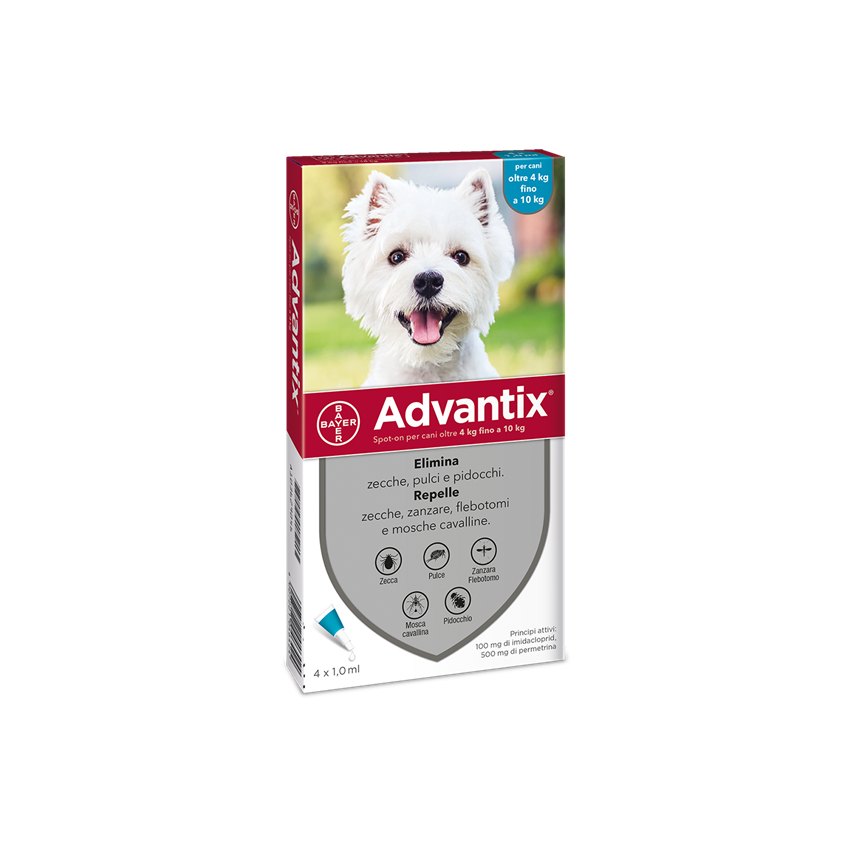 ELANCO ITALIA SpA ADVANTIX SPOT ON 4 Pipette 1 ml per Cani di Piccola Taglia da 4 kg a 10 kg