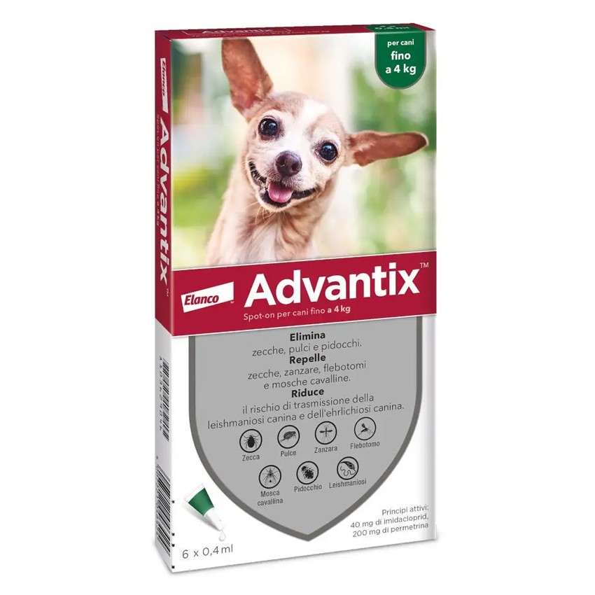 ELANCO ITALIA SpA ADVANTIX SPOT ON Per Cani Fino A 4Kg Soluzione 6 Pipette da 0,4 ml