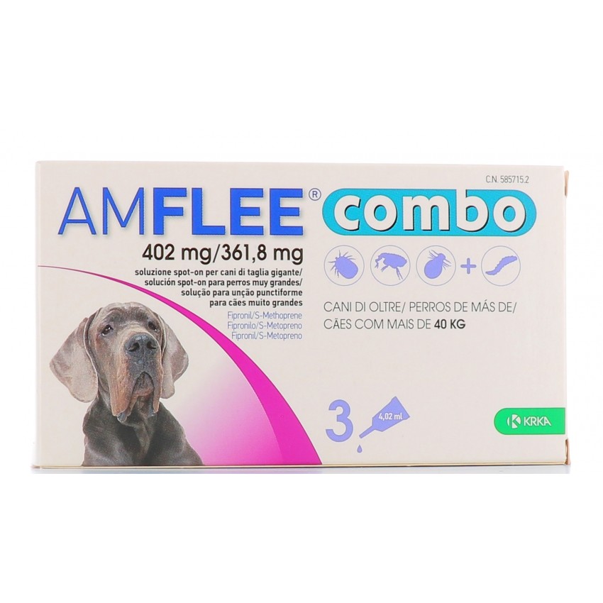 KRKA FARMACEUTICI MILANO Srl AMFLEE COMBO 3 PIP CANI OLTRE 40 KG - 402MG/361,8 MG CANI TAGLIA XL 3 PIPette CANI OLTRE 40 KG -...